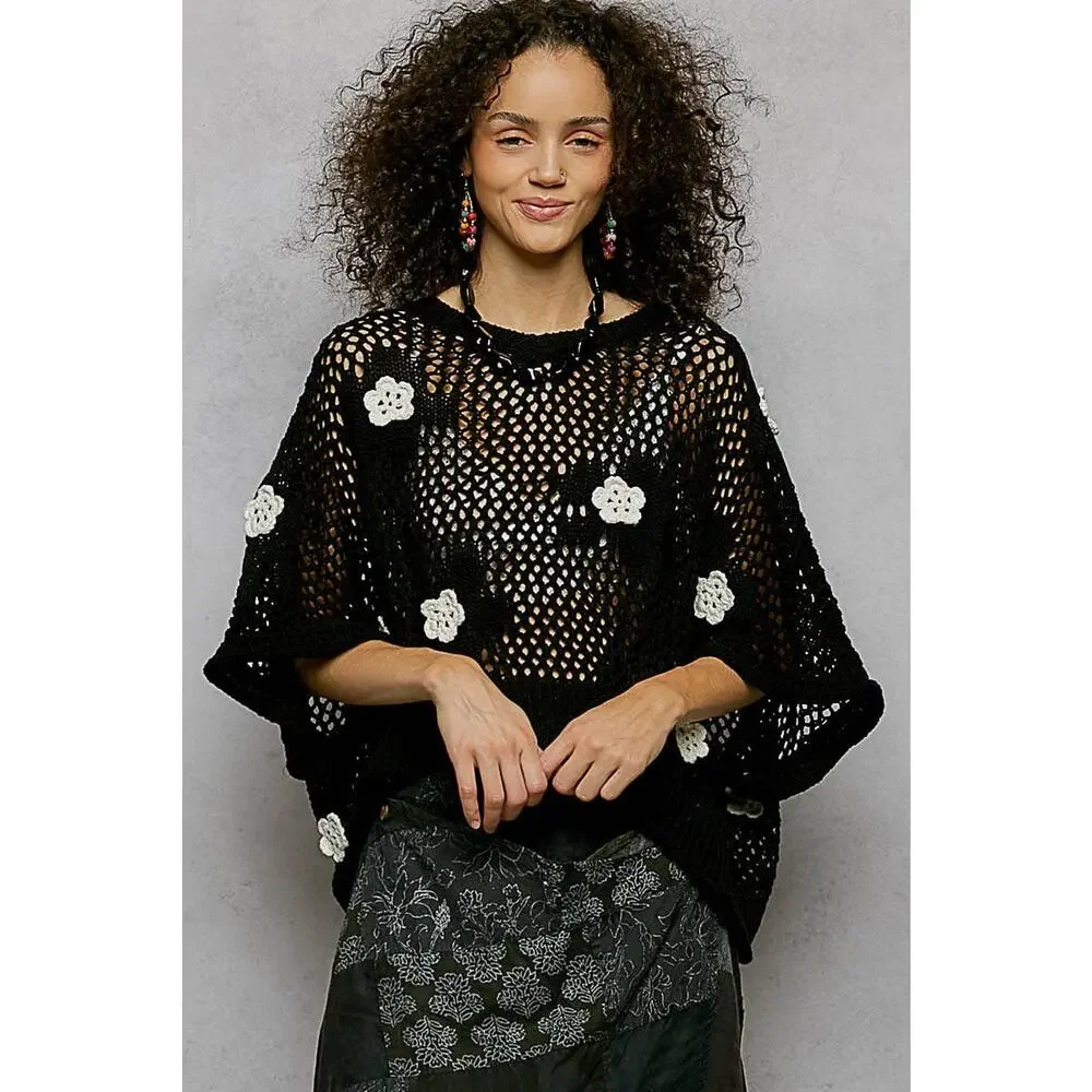 "Bloomin' Filly" Floral Patch Open Sweater Top Black - Picture 1 of 16